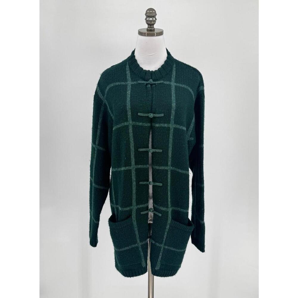 Shanghai Tang Green Plaid Wool Blend Mandarin Closure Long Cardigan Sweater Sz L